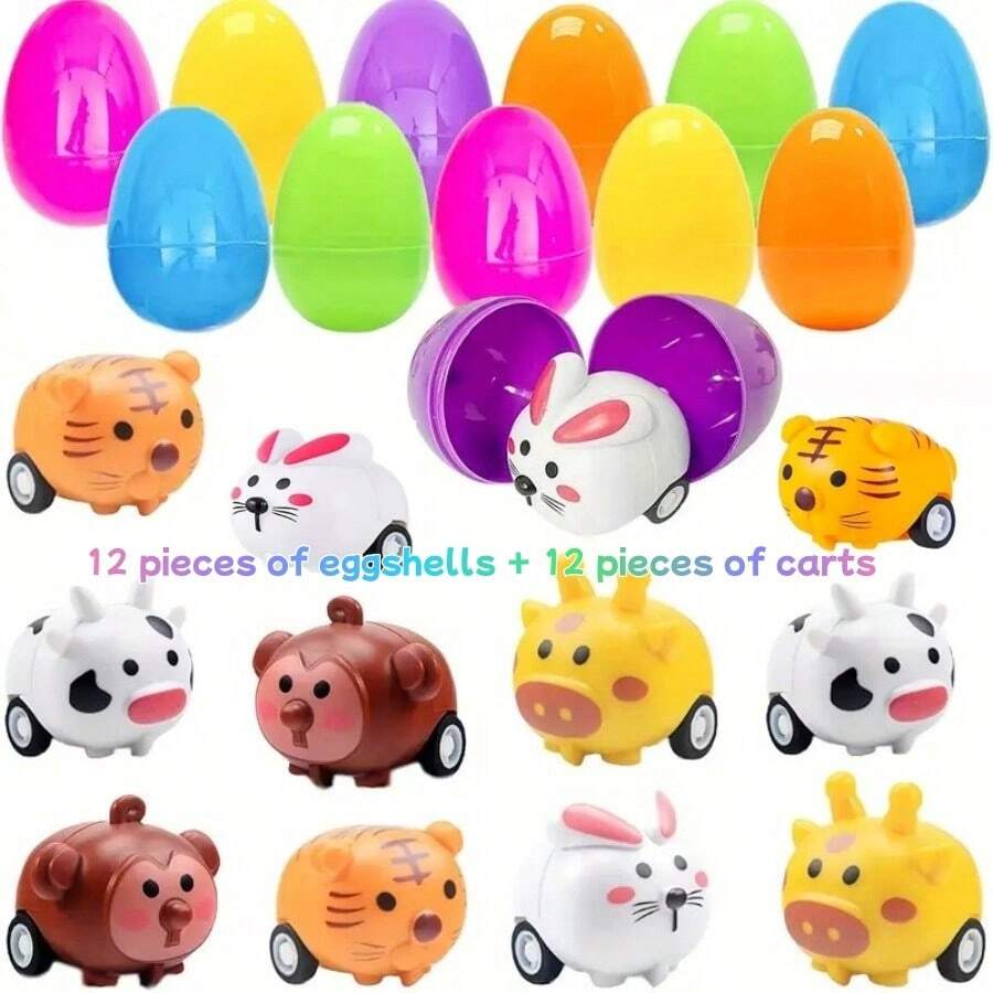 12pcs Eggshell + 12pcs Mini Car Easter Eggs With Toy Cars, Plastic Eggs With Cartoon Animal Vehicles, Suitable For Children Easter Egg Hunt, Easter Basket Filler, Easter Party Favors, Classroom Prizes, Random Colors - Multicolor - View 1