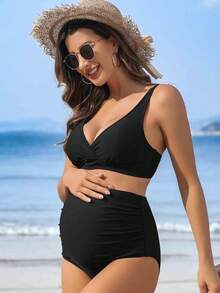 孕妇纯色V领吊带比基尼套装 - 黑色 - 查看 5