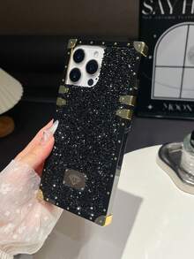 1 Peça Capa de Telefone Quadrada Eletrolítica Bling à Prova de Choque com Strass Preta Compatível com iPhone 17/16 Pro Max/13/14 - Preto - Visão 4
