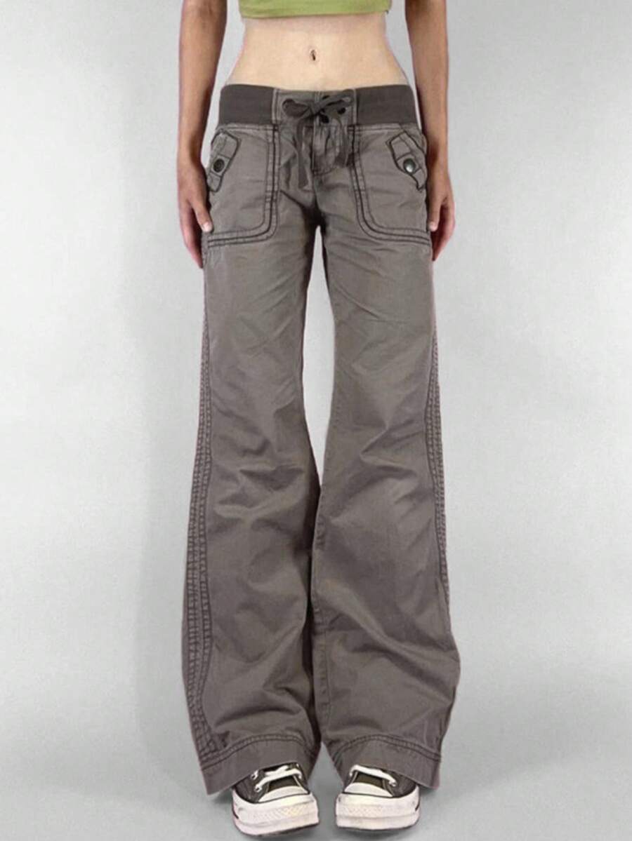Jeans For Women,Women's Slim Fit Cargo Pants Straight Leg Wide Pants With Lace-Up Low Waist Casual Jeans - 灰色 - 查看 1