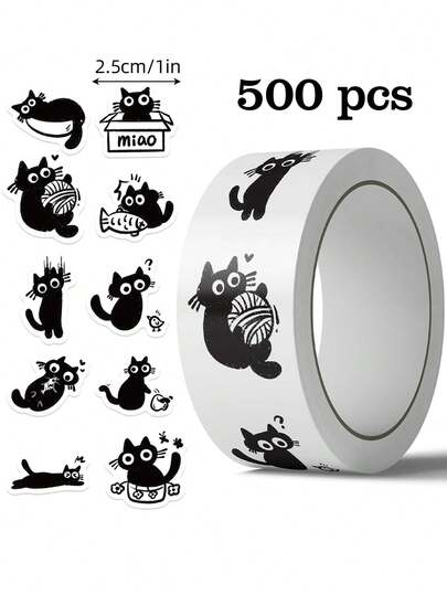 500pcs/Roll Mischievous Black Cat Stickers, 1 Inch Shaped, 10 Cartoon Patterns Repeating, Removable PVC Decals Easy To Peel And Stick, Suitable For Laptop, Bottle, Scrapbook, Luggage, Computer, Envelope, DIY Decoration, Labeling, Rewarding, Teacher Encouragement Scrapbook Supplies Stationery