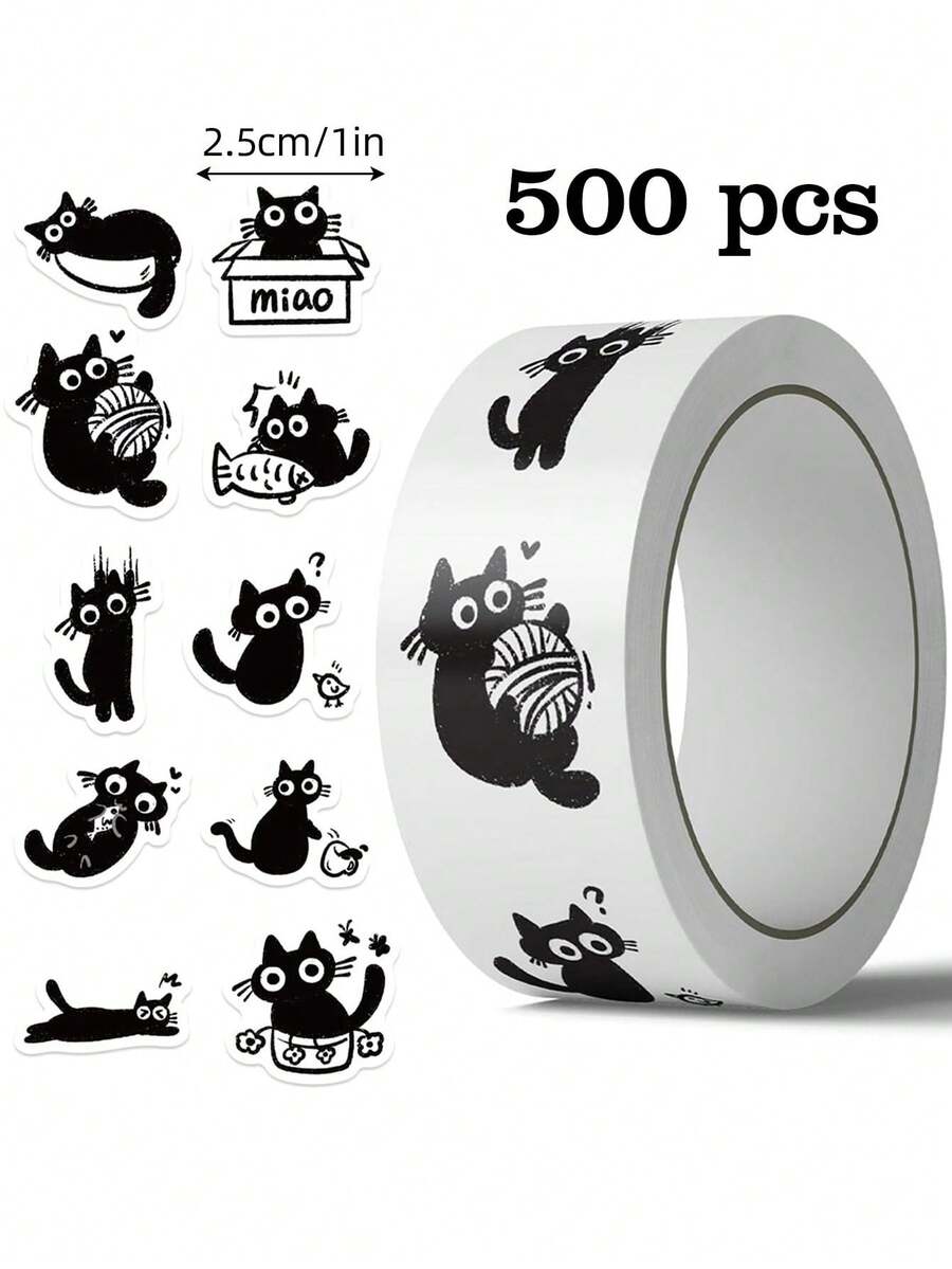 500张/卷 顽皮黑猫贴纸，1英寸大小，10种卡通图案重复，可移除PVC贴纸，易撕易贴，适用于笔记本电脑、水瓶、剪贴簿、行李箱、电脑、信封、DIY装饰、标签、奖励、教师鼓励剪贴簿用品文具 - 黑與白 - 查看 1