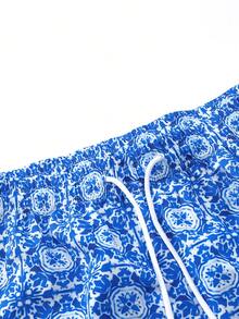 MAISONFOX 男士夏季度假风腰果花印花抽绳腰带沙滩短裤，运动休闲旅行速干款，夏季夏威夷风情，海滩度假，情侣泳装 蓝色 - 藍色 - 查看 5