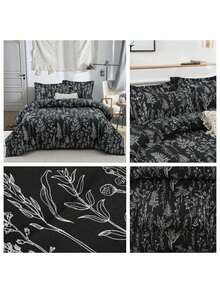 3 Pieces  Black Comforter Set Queen King Size, Leaves Bed In A Bag Comforter Set, Soft Lightweight Bedding Set (1 Comforter, 2 Pillowcases), Wedding Items,Valentines Day Home Bed Room Decor,Easter Ramadan Gifts, All Season - 黑色 - 查看 2