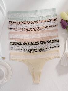 5pcs/Set Comfortable Skin-Friendly Lace Trim Sexy & Sweet Leopard Print Seamless Thong Panties For Women - Multicolor - View 8