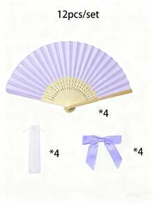 Bộ quạt xếp thanh lịch, kèm nơ và túi quà, quạt xếp cầm tay bằng tre dành cho cô dâu, thích hợp làm quà tặng cho phù dâu và trang trí đám cưới, hoàn hảo cho các bữa tiệc, sự kiện và phụ kiện mùa hè. - Màu tím - Xem 10