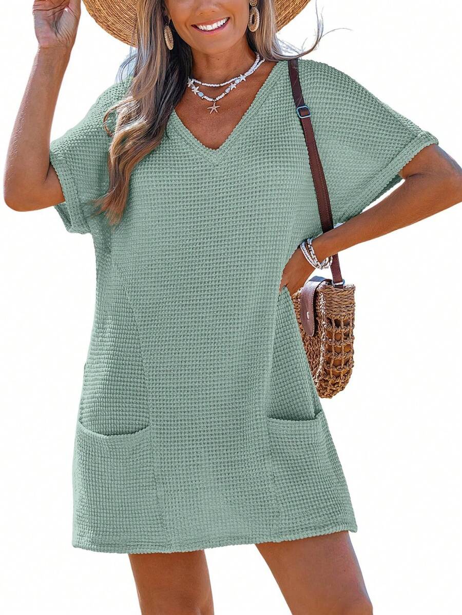 Women Crochet Beach Coverup Waffle Knit Loose Casual Wear V Neck Short Sleeve Dress Swimsuit For Women With Pockets - 薄荷綠 - 查看 1