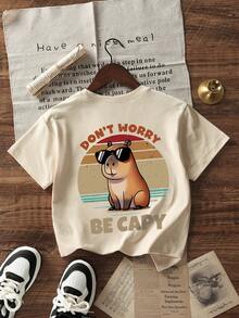 Tween Boys Casual Printed Round Neck Short Sleeve T-Shirt, Summer Top - Apricot - View 3