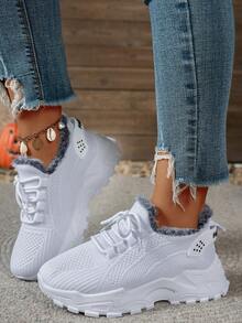 2026 Winter EdgyElongates Warm Lined Lace Up Running Sneakers For Women, Chunky Sole Cushion Comfort Trainers, Casual Outdoor Walking And Gym Shoes For Cold Weather. A Sweet And Fashionable Valentine's Day Essential Item - Office Shoes, With Soft Soles And Comfortable For Dates. Easter Fashion Item - Women's Flat Shoes. - 白色 - 查看 2