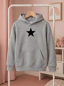 DEVIT - Sudadera negra para niña con capucha y estrella plateada al frente, estilo casual moderno sin jareta, ideal para invierno o uso diario, tela suave tipo french terry - Gris Claro - Ver 2