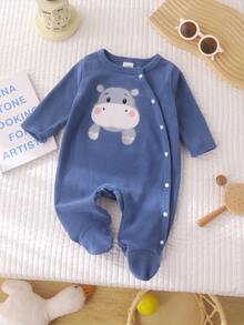 蓝色新生男婴连体衣，饰有可爱的3D小牛图案，侧边按扣闭合
