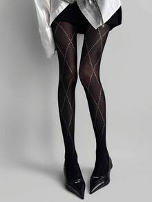 1pc Spring/Autumn Grey System Milky White/Coffee/Black Diamond Lattice Pantyhose, Autumn Outer Wear Leggings, JK Hollow Diamond Design System Versatile High Elasticity, Anti-Snag Pantyhose, White Stockings Sexy Minimalist Sexy Slimming Fishnet Tights - Multicolor - View 6