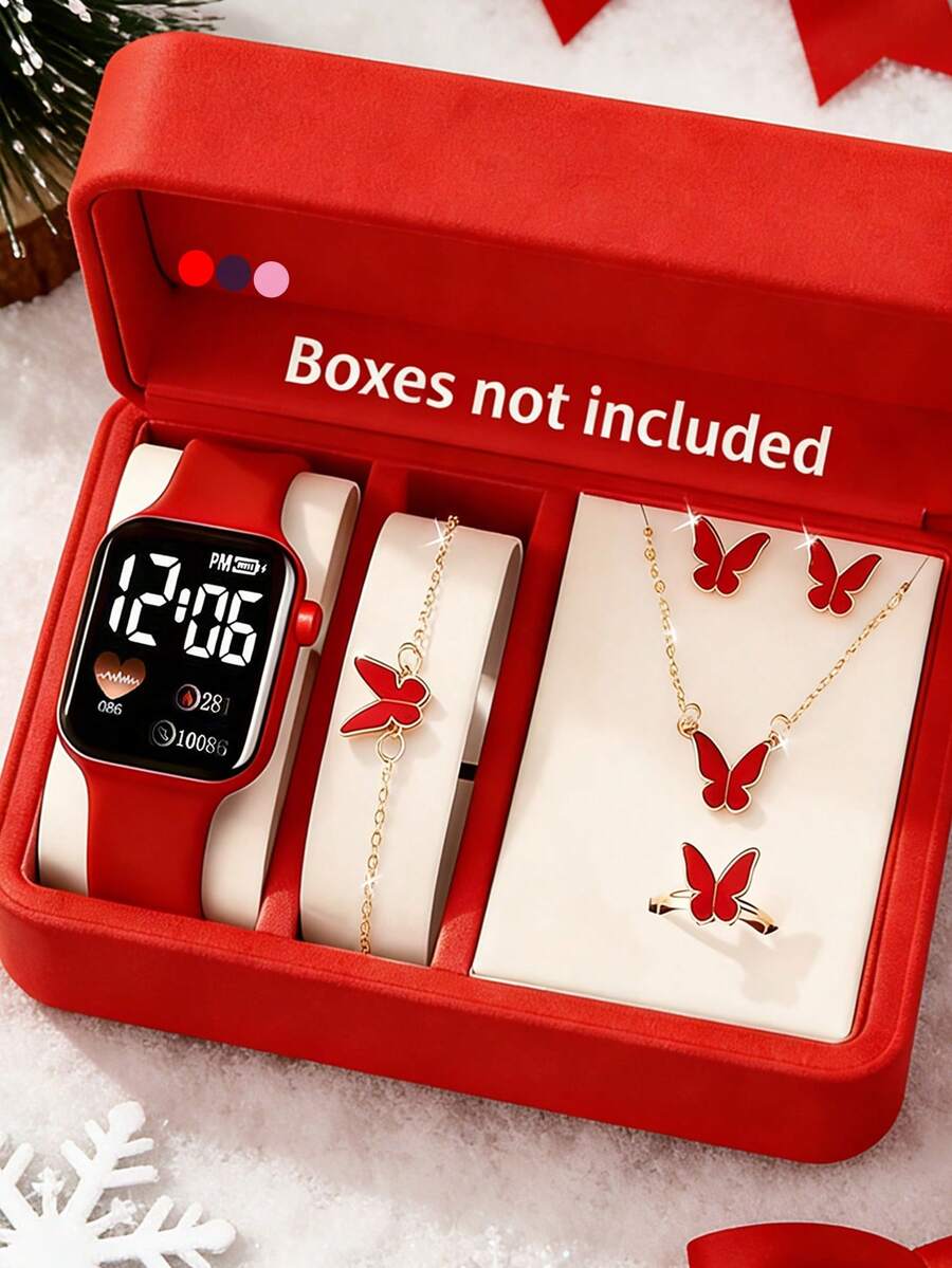 6/1 pieza Conjunto de reloj digital con forma de corazón LED elegante y lindo para niñas, incluye pulsera con mariposa, collar, anillo y aretes. Adecuado para uso diario de niñas, perfecto para viajes, cumpleaños, fiestas, decoración de vuelta a la escuela, también un regalo ideal para el Día de San Valentín y el Año Nuevo 2026 para niñas. Accesorios elegantes para niñas - Multicolor - Ver 1