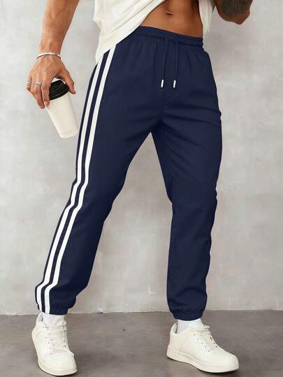 1pc Men's Casual Sports Pants, Loose Fit Lightweight Breathable Trousers For Running, Outdoor, Hiking, Jogging, Fitness Training, Summer Beach, Commuting, Fashionable Striped Cropped Pants