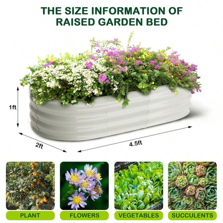 2 piezas 4.5x2x1ft galvanizado levantado jardín cama al aire libre,Plantadores para plantas al aire libre,Cajas levantadas de planta de base de extremo abierto,Caja de planta de metal oval para verduras, flores, frutas, borde de goma,, - Beis - Añade 3