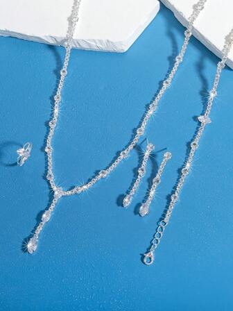 4 piezas Conjunto de joyería nupcial de lujo, que incluye pulsera, anillo, collar de cristal, adecuado para fiestas y bodas de mujeres