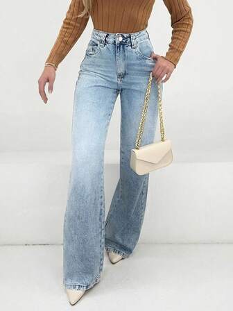 (Mezcla de algodón) Jeans rectos de cintura alta vintage para mujer