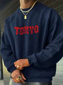 Motocore 男士休闲时尚街头赛车主题印花舒适圆领卫衣，春秋季 - 藏蓝色 - 查看 2