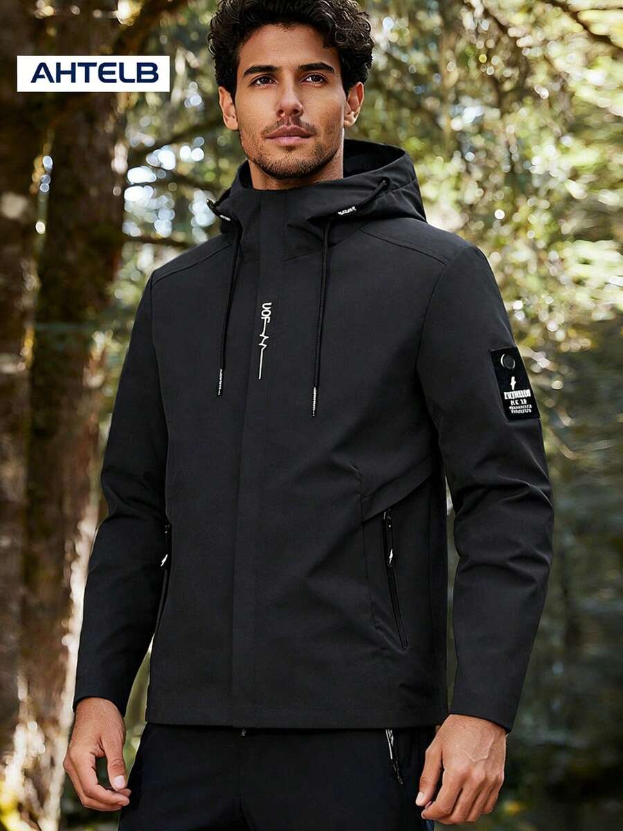 AHTELB 男士纯色连帽夹克，柔软舒适，适合日常休闲穿着，春秋季 - 黑色 - 查看 1