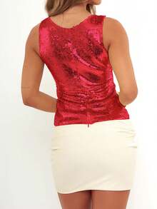 Women's Summer Crop Tank Tops Casual Shiny Sequins V-Neck Sleeveless Shirt Aesthetic Clothes For Streetwear - Đỏ - Xem 3