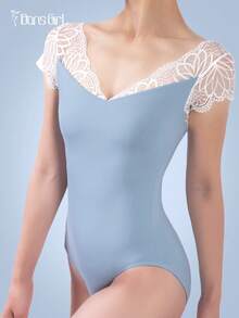 DonsGirl 1 件女式 V 领蕾丝短袖舞蹈紧身衣，简约时尚紧身连体衣 - 霧霾藍 - 查看 8