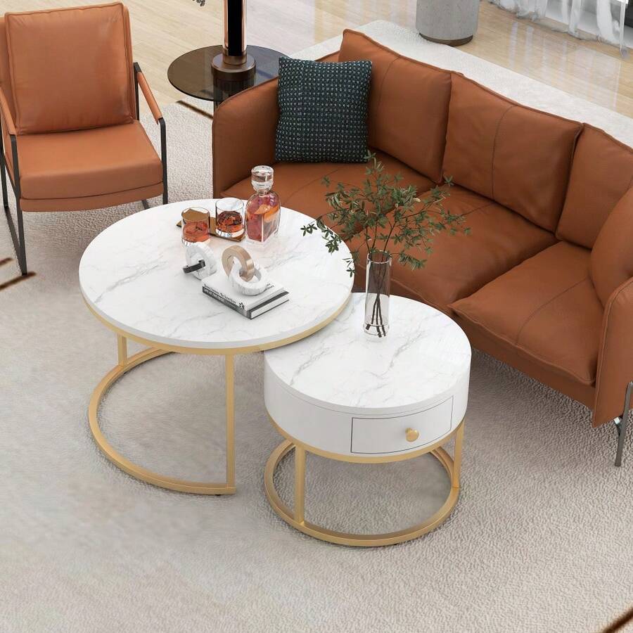 Set Of 2 Round Nesting Tables With Drawer, Gold Metal Frame And Marble Pattern Top, Side Tables For Living Room Or Bedroom - White + MDF - View 1