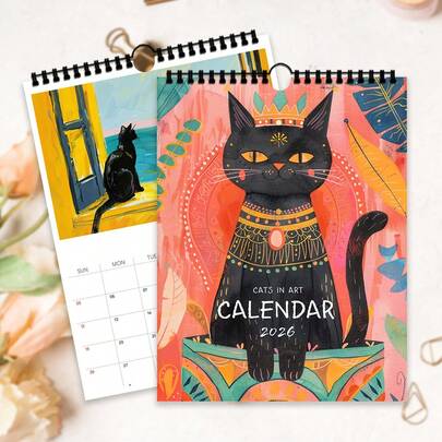1pc 2026 Abstract Cat Calendar, Perfect Gift For Cat Lovers, 12 Unique Patterns, 12-Month Wall Calendar, Ideal For Birthday, Christmas, New Year, Includes US Standard Version