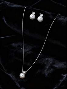 3pcs/Set Minimalist Faux Pearl & Zirconia Stone Stud Earrings, Stainless Steel Necklace Suit, Elegant For Engagement, Party, Everyday Wear, Mother's Day Gift Idea. - Silver - View 2