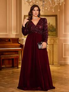 UNITHORSE V领长袖褶皱亮片拼接雪纺晚礼服 - 酒紅色 - 查看 4