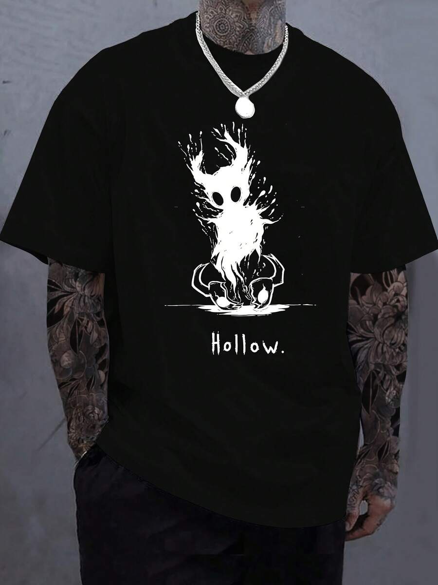 Camiseta Casual de Cuello Redondo para Hombre con Estampado Gráfico Hueco, Manga Corta, Ajuste Regular, Tejido de Punto, Ropa de Primavera/Verano/Otoño, Atuendo Casual|Camiseta gráfica llamativa|Tela elástica - Negro - Ver 1