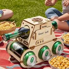 1pc Wooden Beer Holder Tank Shaped DIY Handmade Display Stand, Creative Desktop Decor, Kitchen Beverage Storage Rack - Multicolor - View 7