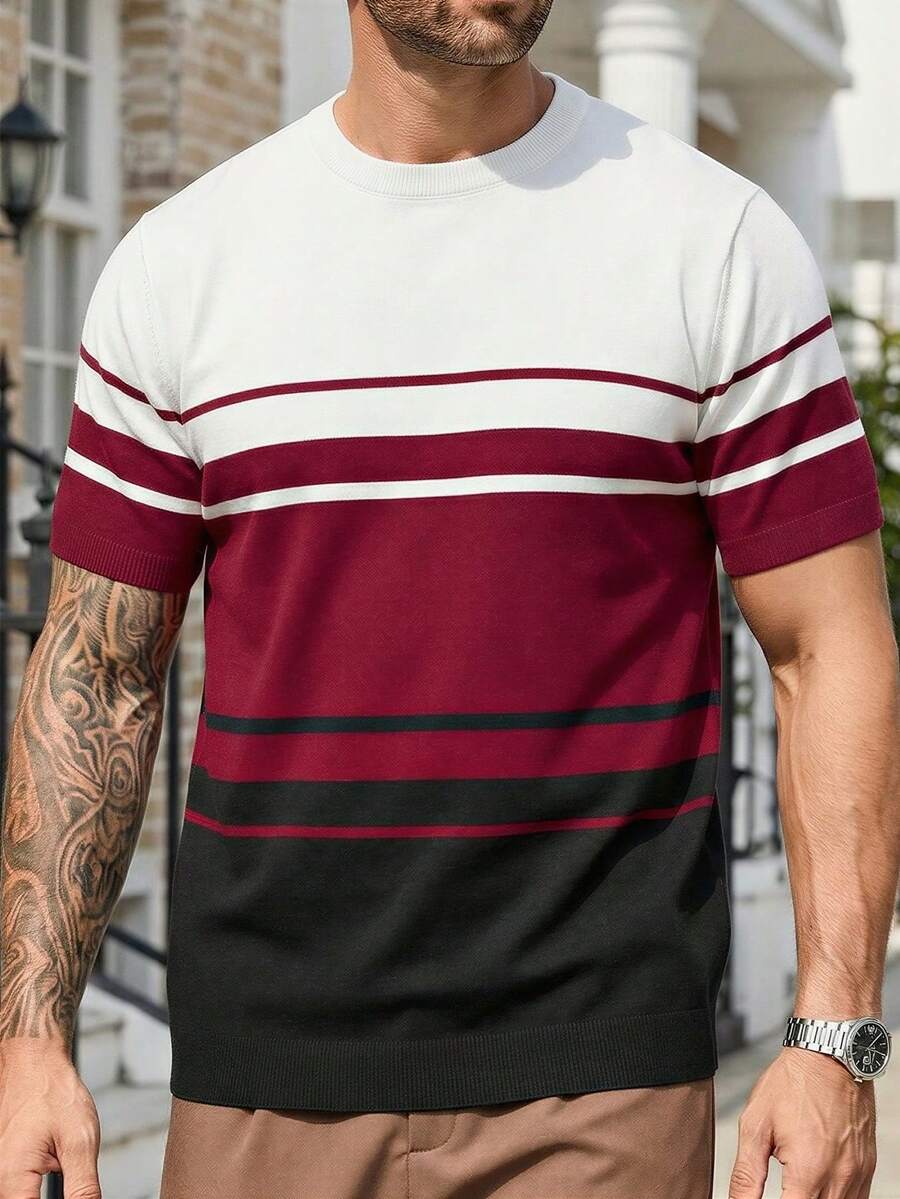 男士条纹圆领短袖休闲针织上衣 - 紅白色 - 查看 1