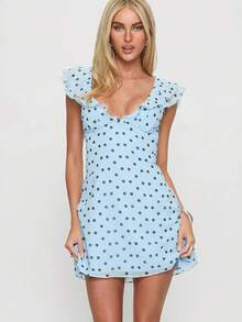 Fashionable Women's Light Blue Polka Dot Ruffle Sleeve Mini Dress, Heart Neckline, Casual Style For Summer - Baby Blue - View 2