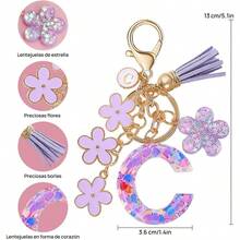 Llavero de Moda Letra Inicial, Llavero con Inicial de Resina, Dije para Bolso Mochilas, Regalo Personalizado para Mujer - Morado + C - Ver 2