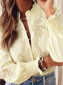 Casual Vacation Embroidered Floral Print Shirt With Ribbed Embroidered Applique Spring - Apricot - View 3