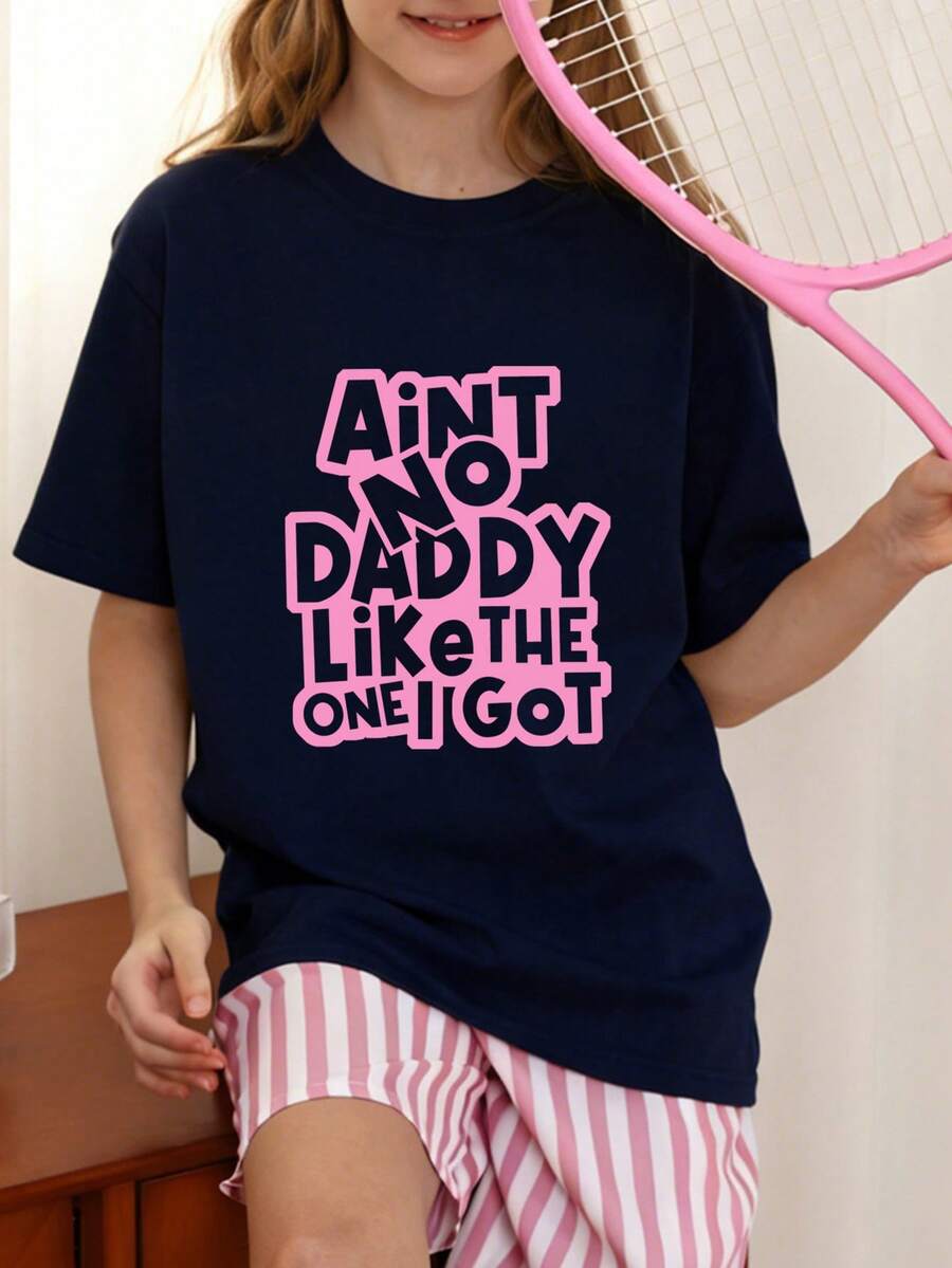 1pc Tween Girl Casual Printed Short Sleeve T-Shirt, Comfortable & Fashionable Student Wear, Summer Top - Navy Blue - View 1
