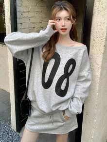 2pcs/Set Letter Print Off-Shoulder Loose Sweatshirt And Mini Skirt - Grey - View 4