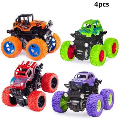 Truck Toy Set - A Set Of 4 Inertia Drive Vehicles, 360 ° Rotating Off-Road Vehicles, Impact Resistant Bidirectional Drive Trucks, Suitable For Children's Day, Birthday Gifts, Halloween/Christmas Gifts