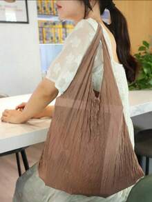 1 pieza Bolso de mano expandible y lindo con ribete de volantes y correa de muñeca, hecho de tela de poliéster duradera, bolso portátil, opciones de varios colores, adecuado para compras, uso diario, regalo, bolso de moda y práctico con textura de loto, diseño interior de gran capacidad, mecanismo retráctil confiable, fácil de guardar, bolsa de compras pequeña, réplica, retornable - Multicolor - Ver 7
