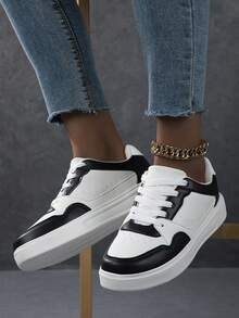 Spring New Round Toe Lace-Up Black & White Women Shoes, PU Patchwork Uppers, Fashion Street Style Sporty College Vibe, Comfortable Casual Sneakers For Women - Black and White - View 6