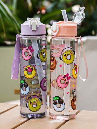 1pc 750ml/26oz Cute Cartoon Donut Pattern Straw Water Bottle, Compact & Lightweight, With Carrying Strap, Multiple Colors Available, Portable & Durable, Suitable For Camping, Travel, Running, Outdoor Activities, Daily Use, Also A Great Gift For Holidays And Birthdays