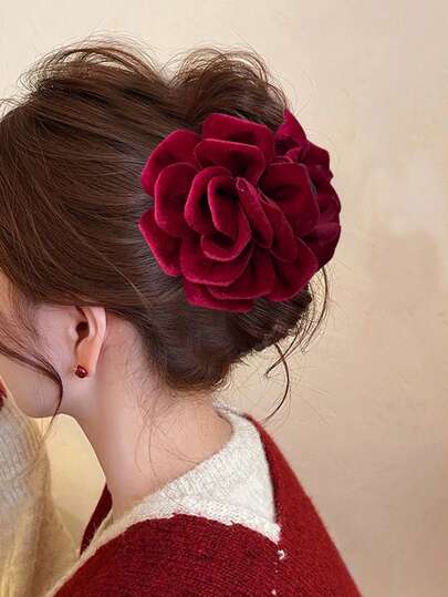 1pc Romantic Elegant Velvet Rose Flower Hair Claw Clip Hair Accessories Women Hair Clips Fashion Hair Clutch Causal Hair Jaw Clip For Valentine's Day Valentine's Day Accessories Gift