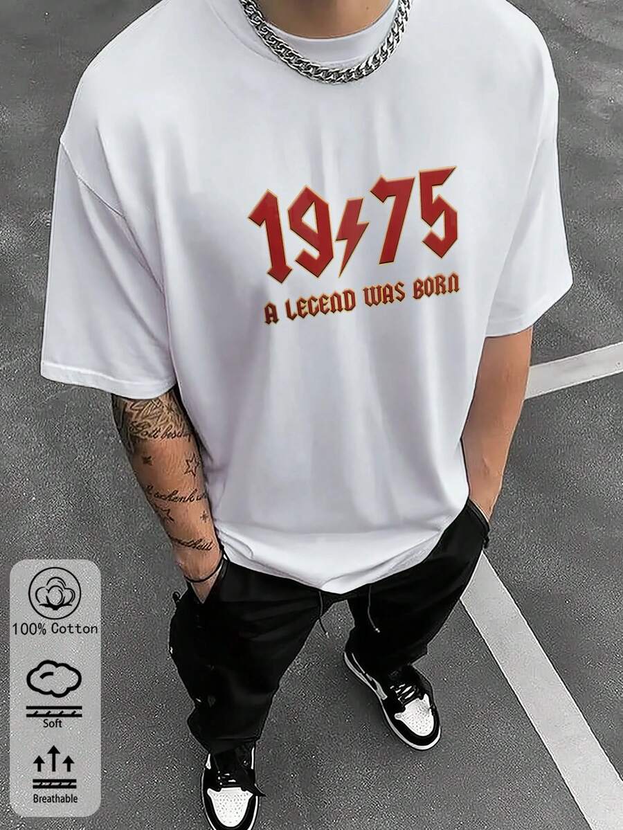 Camiseta de hombre rica en algodón, camiseta gráfica de inspiración vintage de 1975, colección deportiva de primavera/verano de estilo universitario, camiseta de manga corta para hombre suave y transpirable de moda. - Blanco - Ver 1