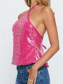 Women Y2k Halter Tank Top Glitter Sparkly Sleeveless Beaded Cami Top Summer Backless Crop Tank Top Going Out Rave Party Clubwear - 粉色 - 查看 5