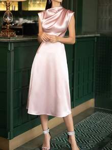 Damen elegantes Partykleid Einfarbig mit Falten, geeignet für Hochzeiten, formelle Bankette - Babypink - Übersicht 1