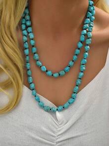 1pc Handmade Knotted Turquoise Bohemian Style Minimalist Layered Vintage Necklace, Versatile - Turquoise - View 1