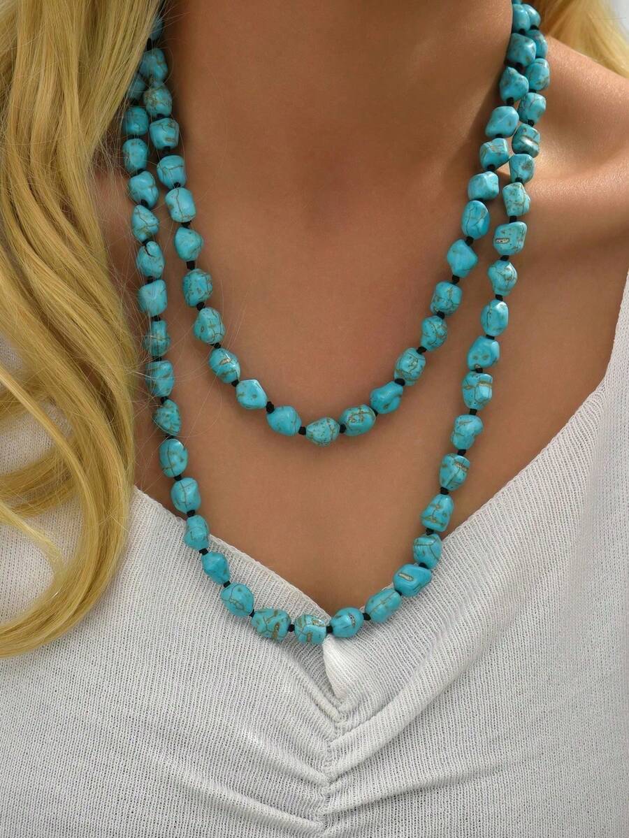 1pc Handmade Knotted Turquoise Bohemian Style Minimalist Layered Vintage Necklace, Versatile - Turquoise - View 1