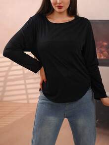 1pc Women's Fashionable & Versatile Knitted Lyocell Crew Neck Asymmetric Hem Tunic Top, Suitable For Casual Wear, Loungewear, Spring/Autumn - Black - View 3