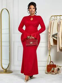 BIUBIU 优雅性感女士针织长款派对连衣裙，钥匙孔领口，长款常规袖，褶皱荷叶边镂空细节，优雅红色 - 紅色 - 查看 7