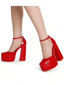 Women's Square Toe Block Heel Chunky Platform Wedding Shoes, Adjustable Ankle Strap Pumps For Prom - Red - View 2